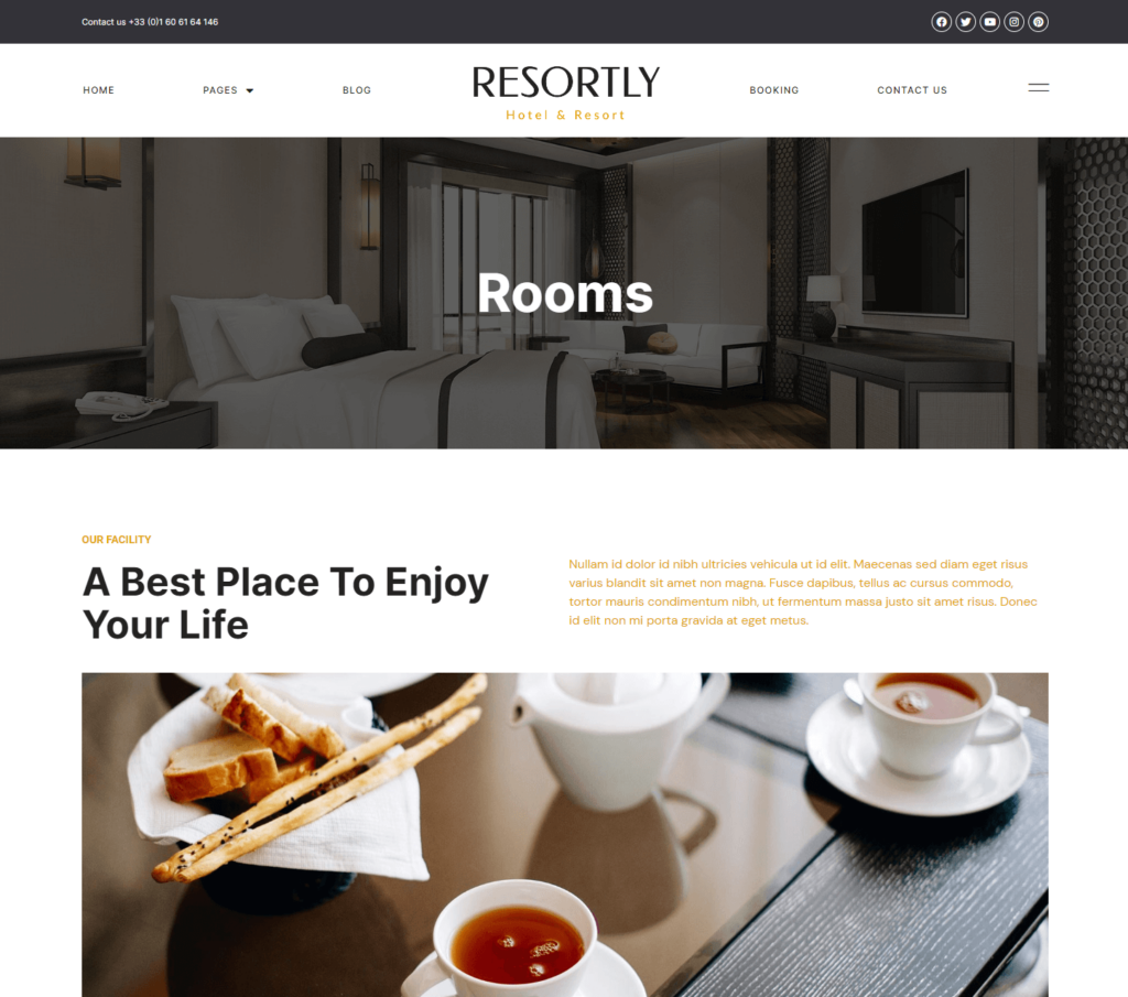 Rooms page of Resortly Elementor template kit