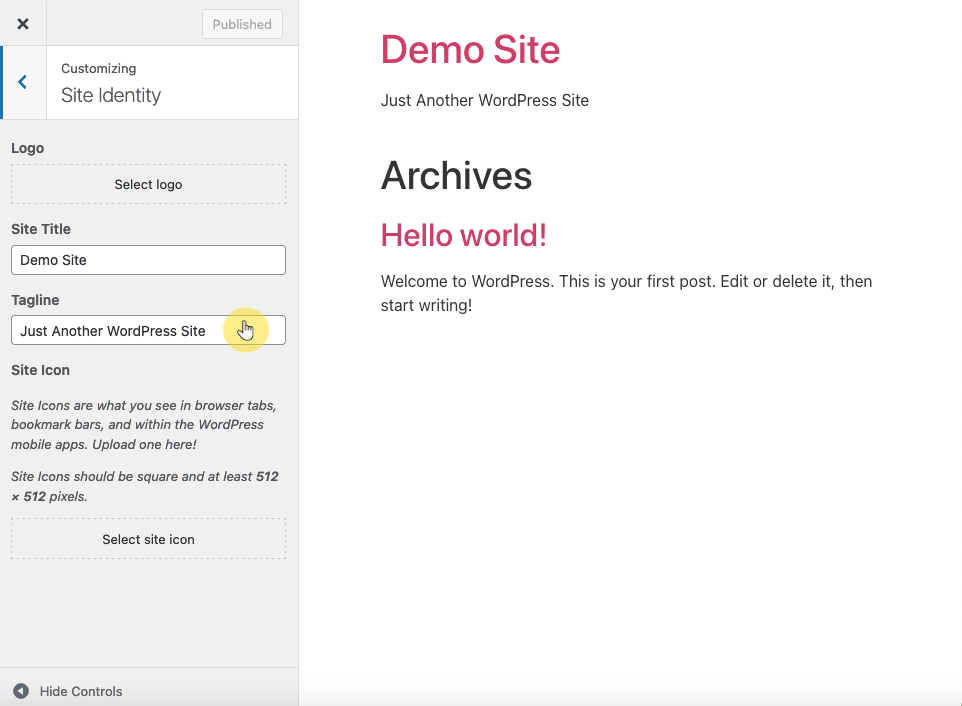 remove site tagline from the site identity tab
