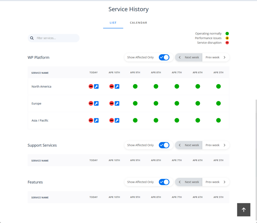 the service history includes a list or a calendar of wp engineās operation status